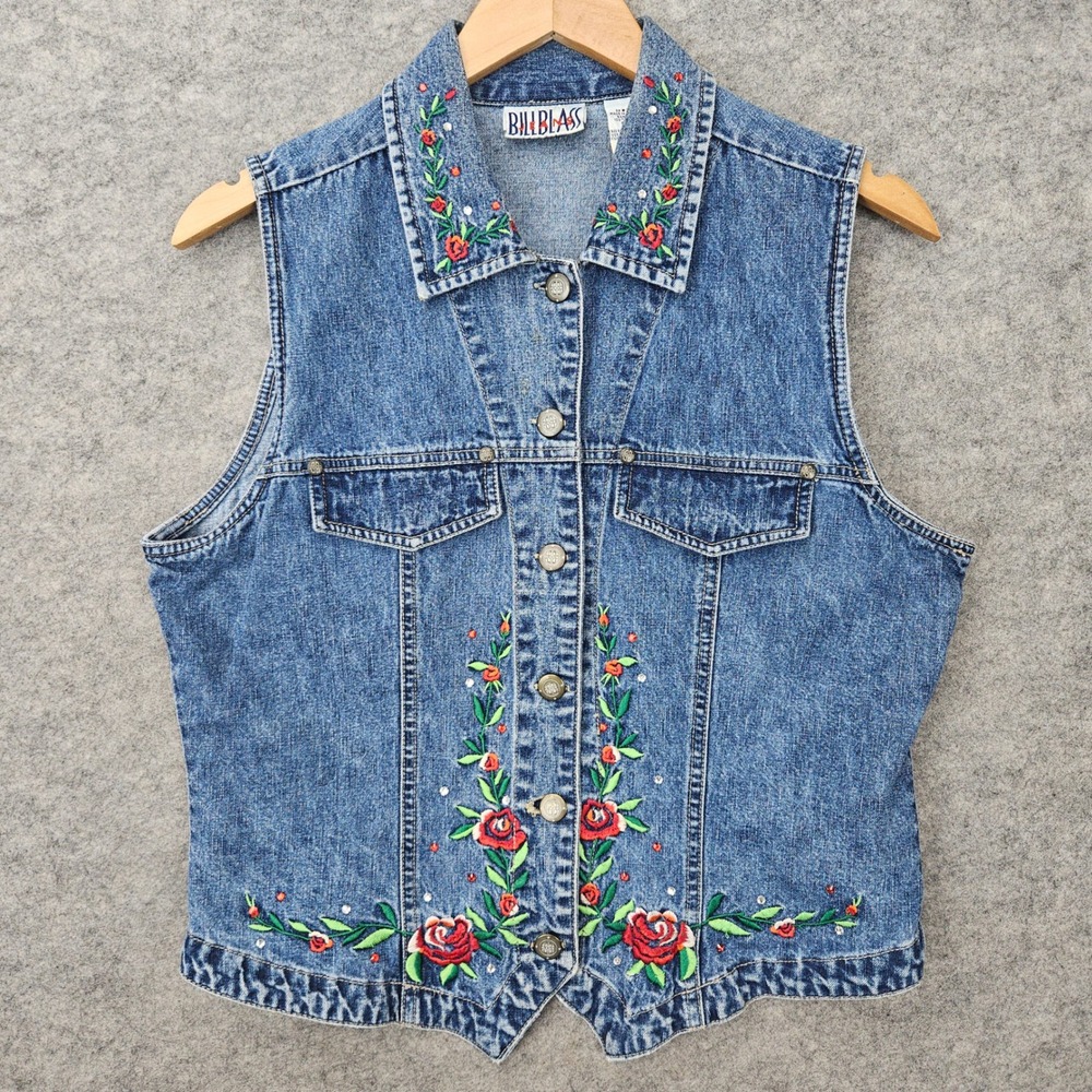 Bill Blass Denim Vest Women's Blue Medium Embroidered Floral Rose Rhinestone 90s - Picture 1 of 10